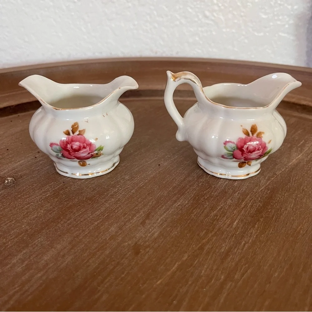 Individual Floral Cream and Sugar Set with Pink Roses Saji Japan Fancy China